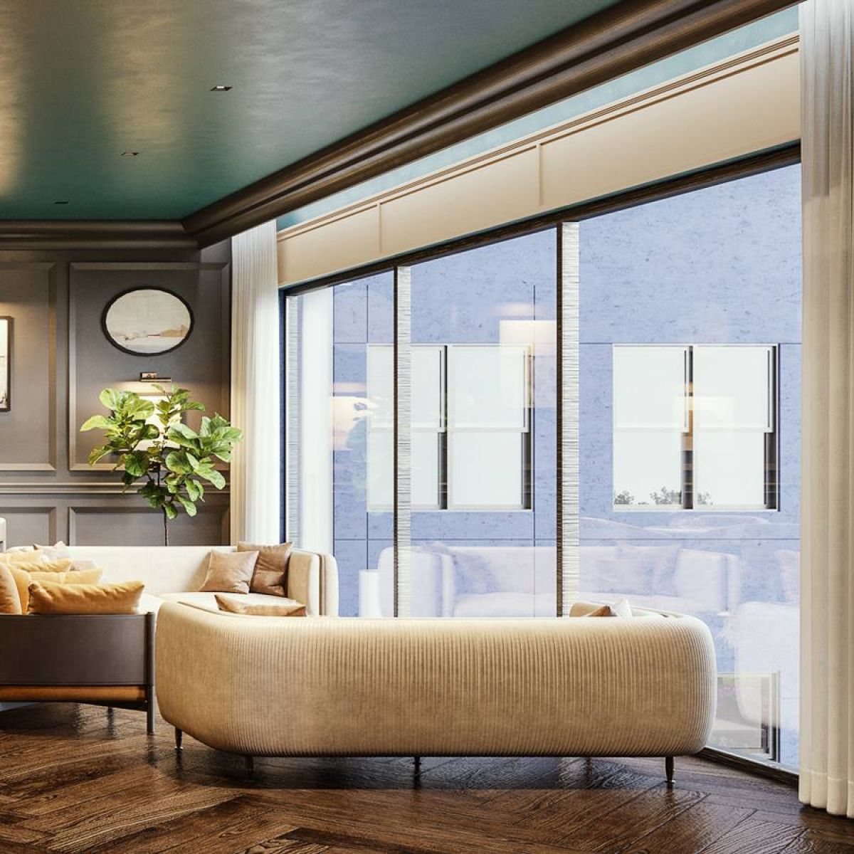 Modern lounge with a bar, cozy seating, large windows, wall art, and warm lighting on herringbone wood floors.